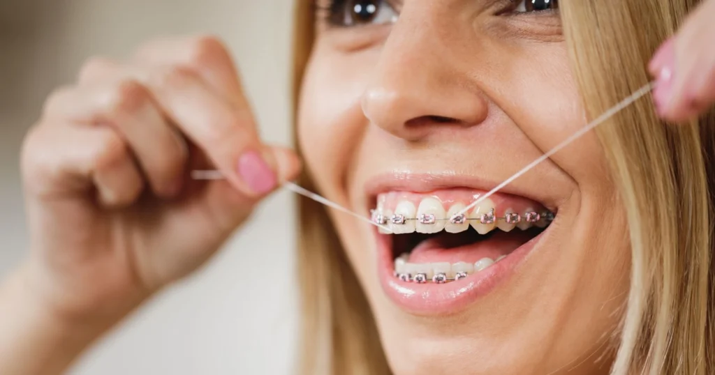 Femme portant un appareil multi-attaches qui passe le fil dentaire